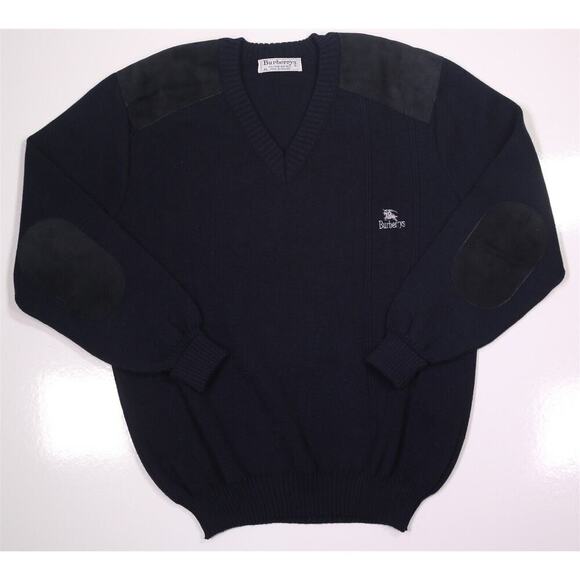 Burberrys London Vintage Navy Heavy Wool V-Neck w/ Leather Sweater Men's XL